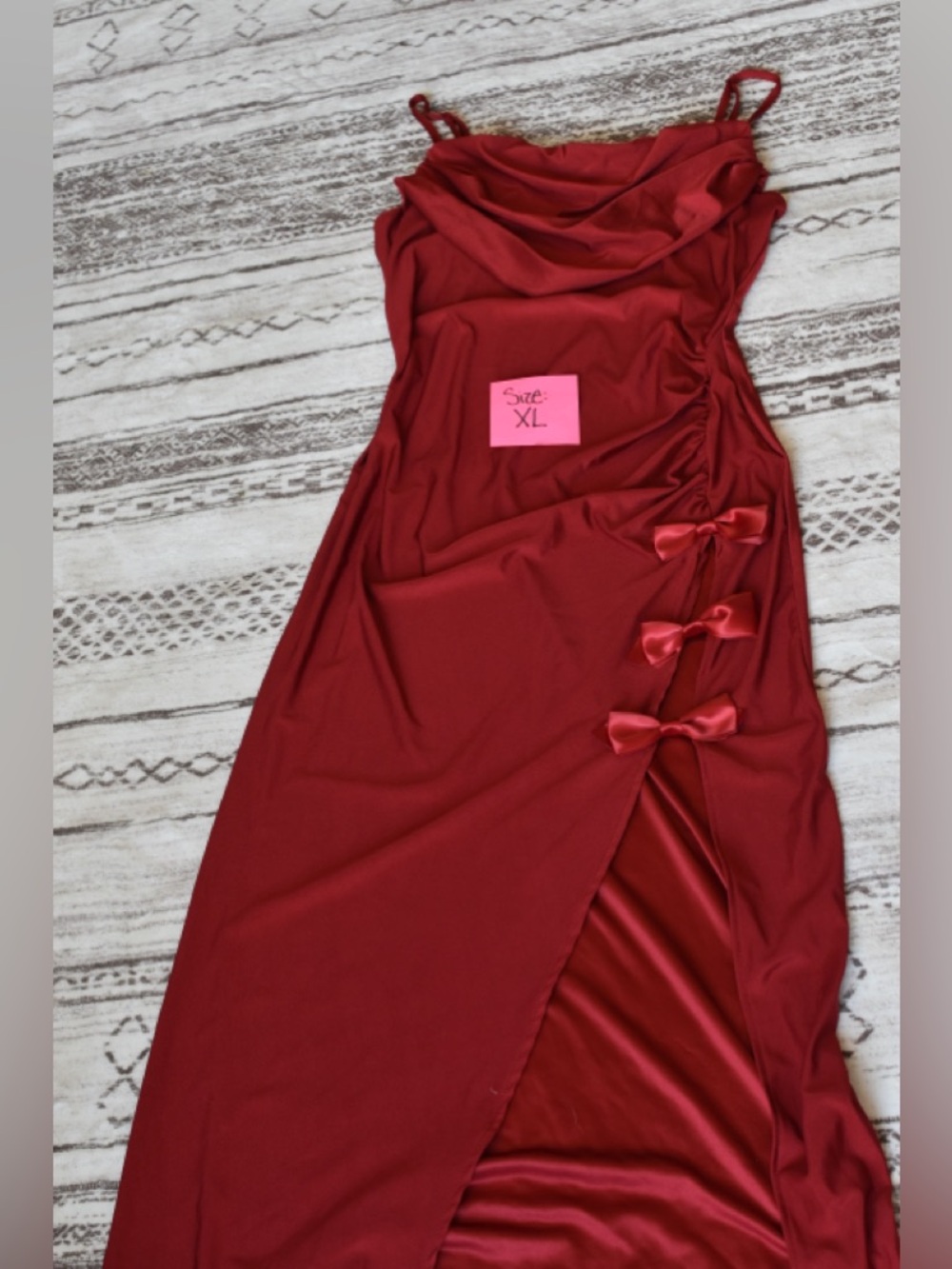 Red Satin-Accent Cowl Neck Slip Dress W/ Open Leg - Size XL